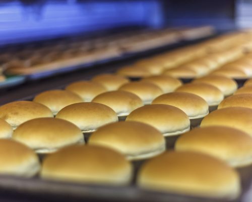 Hamburger breads goes out from bakery.